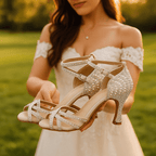 Embellished open-toe heeled sandals with ankle straps and high heels