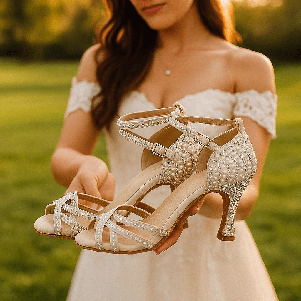 Embellished open-toe heeled sandals with ankle straps and high heels