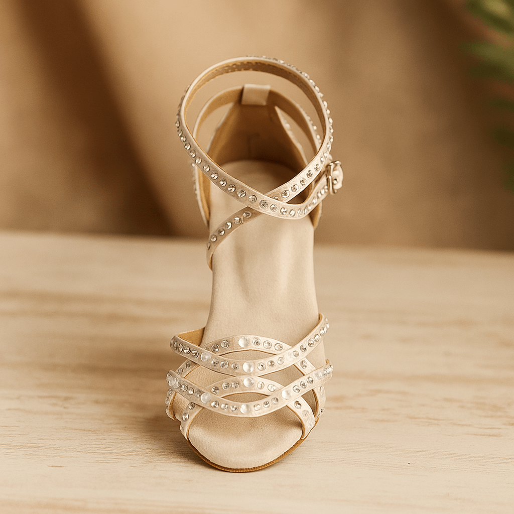 Embellished open-toe heeled sandals with ankle straps and high heels