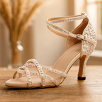 Embellished open-toe heeled sandals with ankle straps and high heels