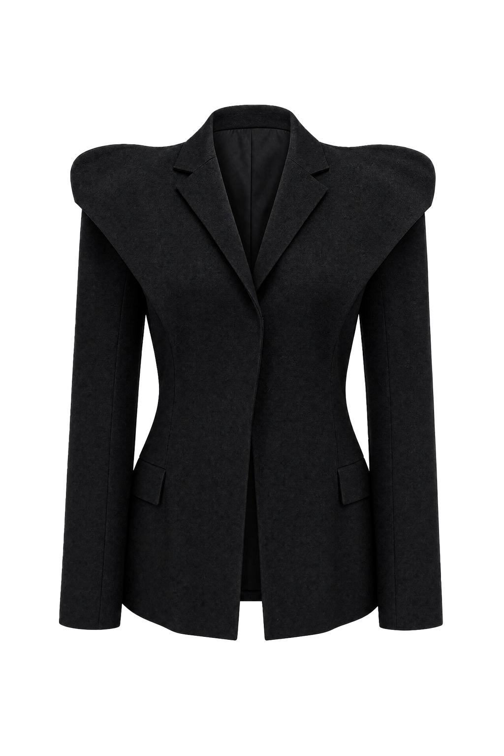 Women's charcoal fitted blazer with structured shoulders and peak lapels