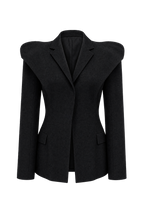 Women's charcoal fitted blazer with structured shoulders and peak lapels
