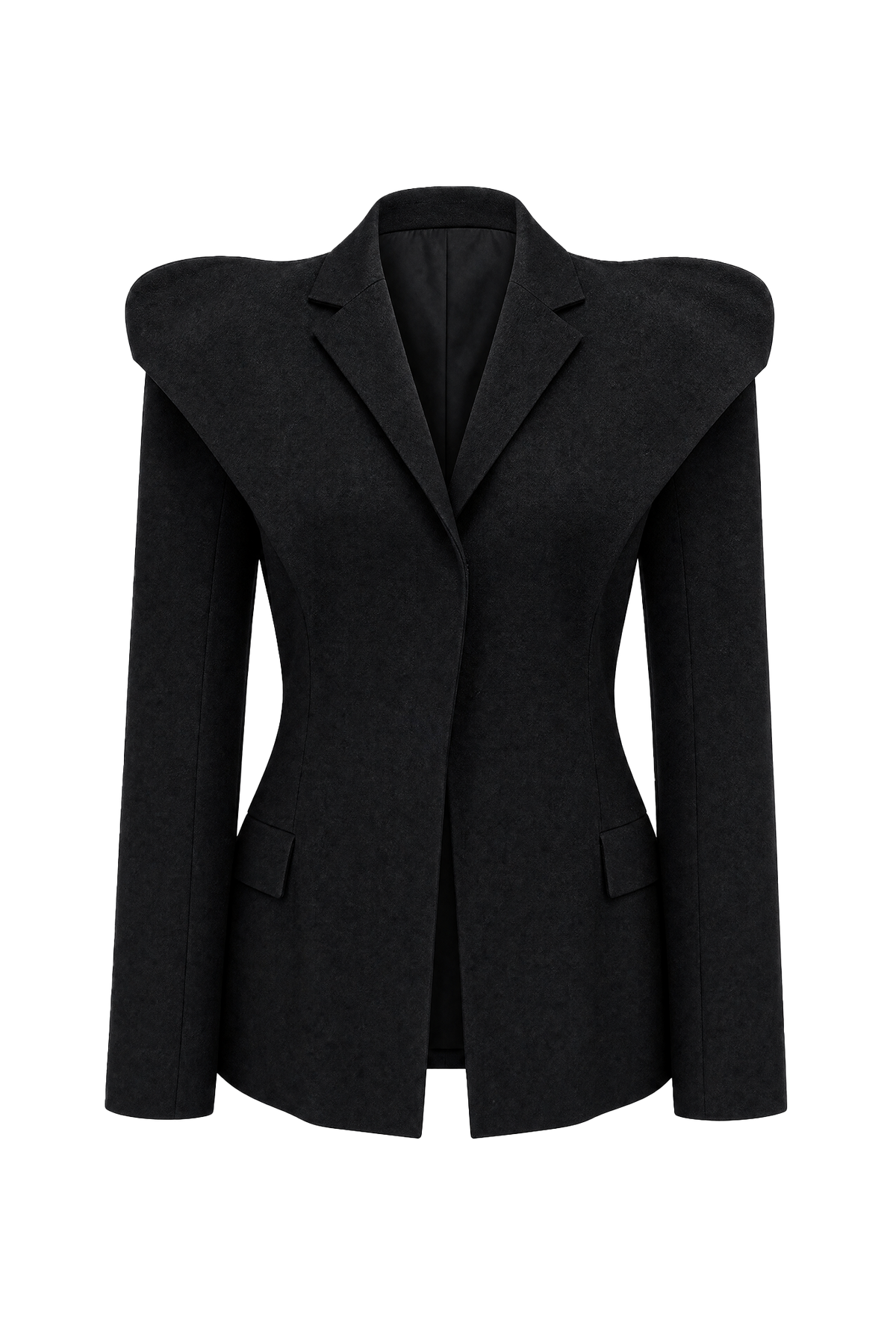 Women's charcoal fitted blazer with structured shoulders and peak lapels