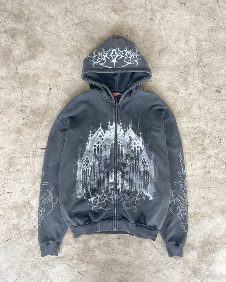 Black zip hoodie with hood and large monochrome cathedral graphic