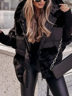 Women's hooded quilted puffer jacket with textured panels and ribbed cuffs