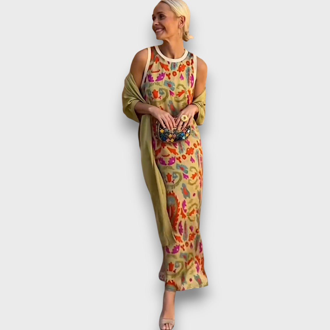 Women's sleeveless floral maxi dress and long cardigan set