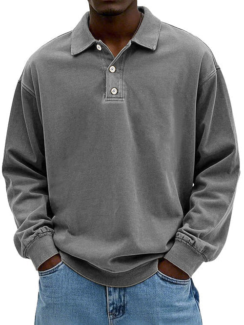 Men's long sleeve polo sweatshirt with pointed collar and button placket