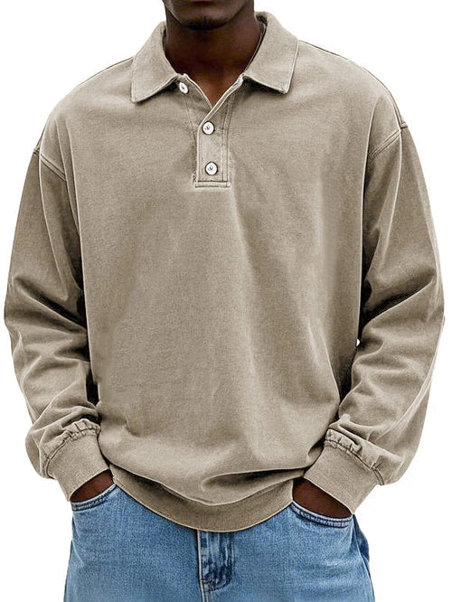 Men's long sleeve polo sweatshirt with pointed collar and button placket