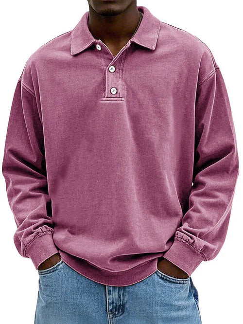 Men's long sleeve polo sweatshirt with pointed collar and button placket