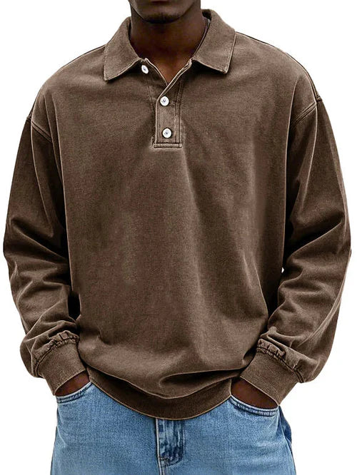 Men's long sleeve polo sweatshirt with pointed collar and button placket