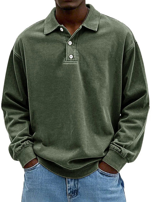 Men's long sleeve polo sweatshirt with pointed collar and button placket