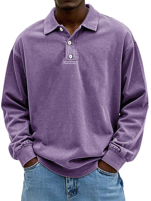 Men's long sleeve polo sweatshirt with pointed collar and button placket