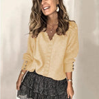 Women's ribbed V-neck jumper with button front and long sleeves