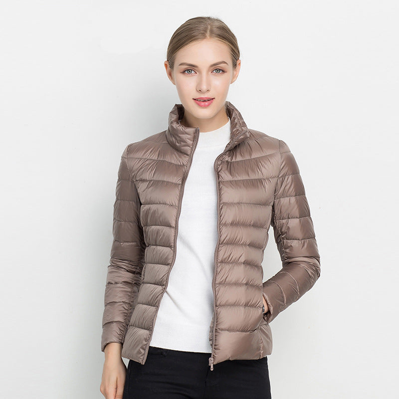 Women's quilted padded jacket with stand collar and long sleeves