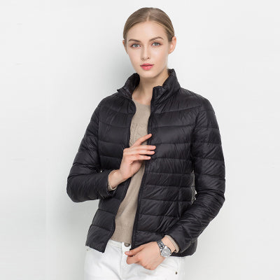 Women's quilted padded jacket with stand collar and long sleeves