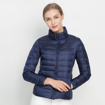 Women's quilted padded jacket with stand collar and long sleeves