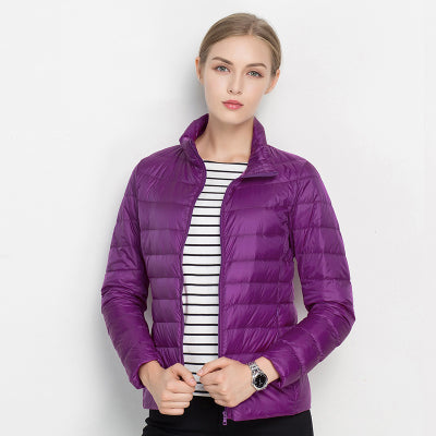 Women's quilted padded jacket with stand collar and long sleeves