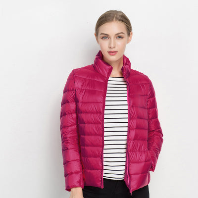 Women's quilted padded jacket with stand collar and long sleeves