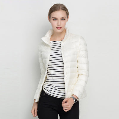 Women's quilted padded jacket with stand collar and long sleeves