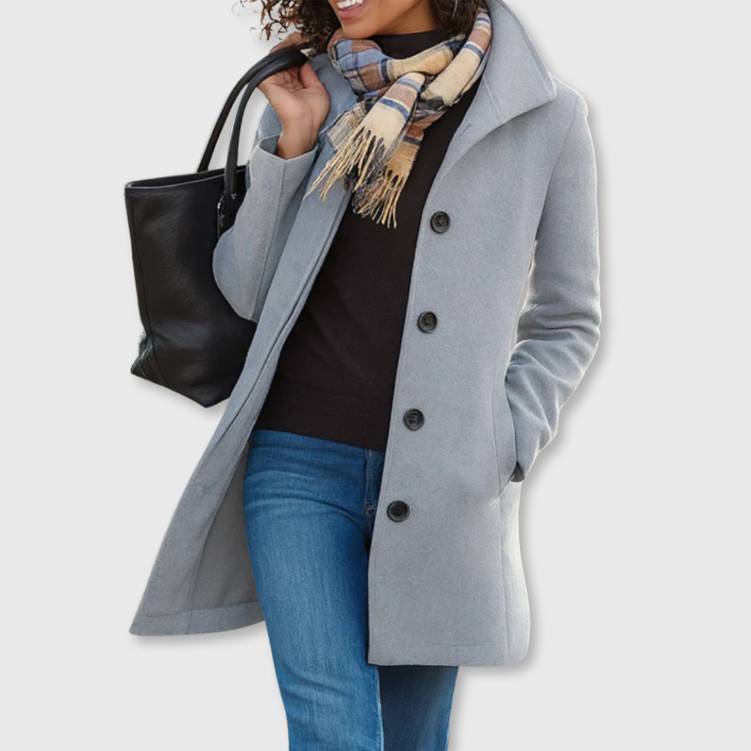 Women's classic button front coat with lapel collar and long sleeves