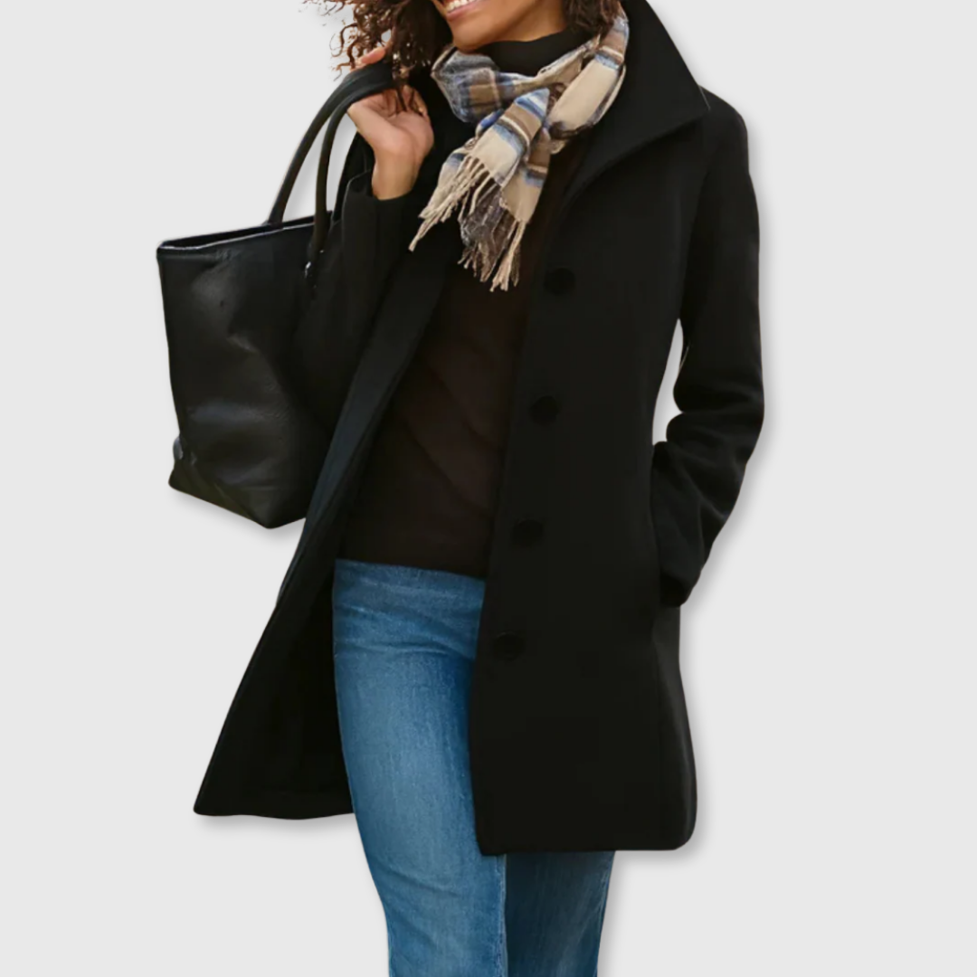 Women's classic button front coat with lapel collar and long sleeves