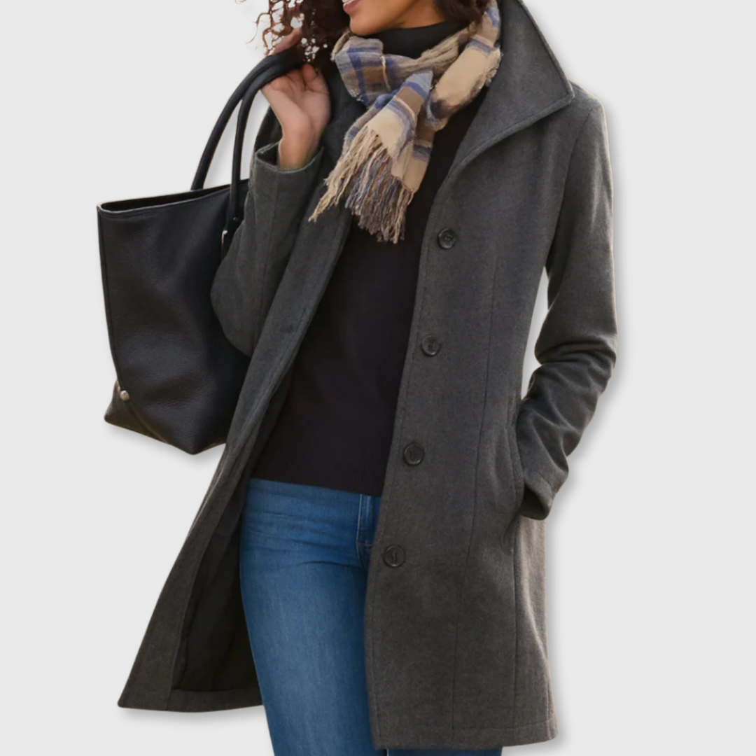 Women's classic button front coat with lapel collar and long sleeves