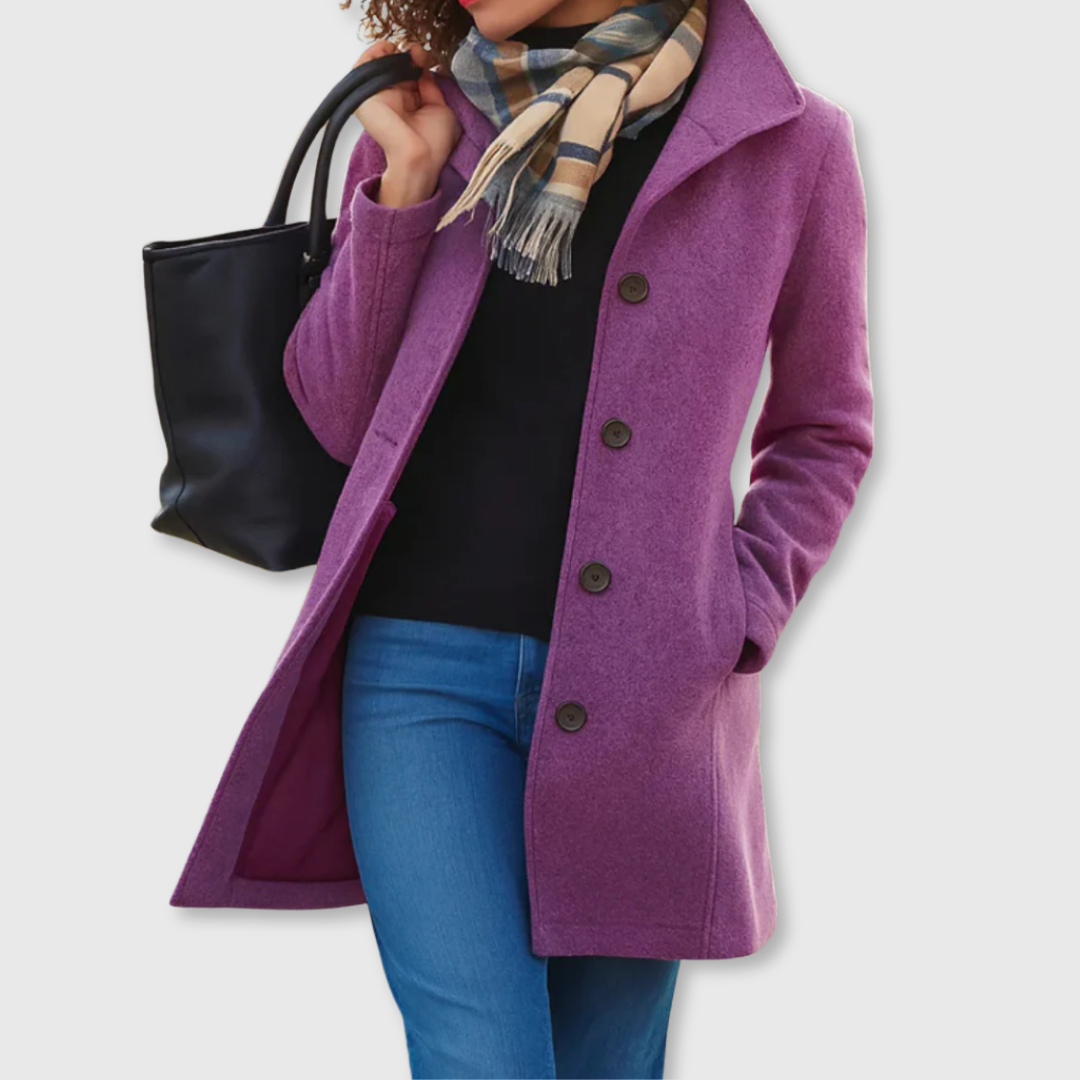 Women's classic button front coat with lapel collar and long sleeves