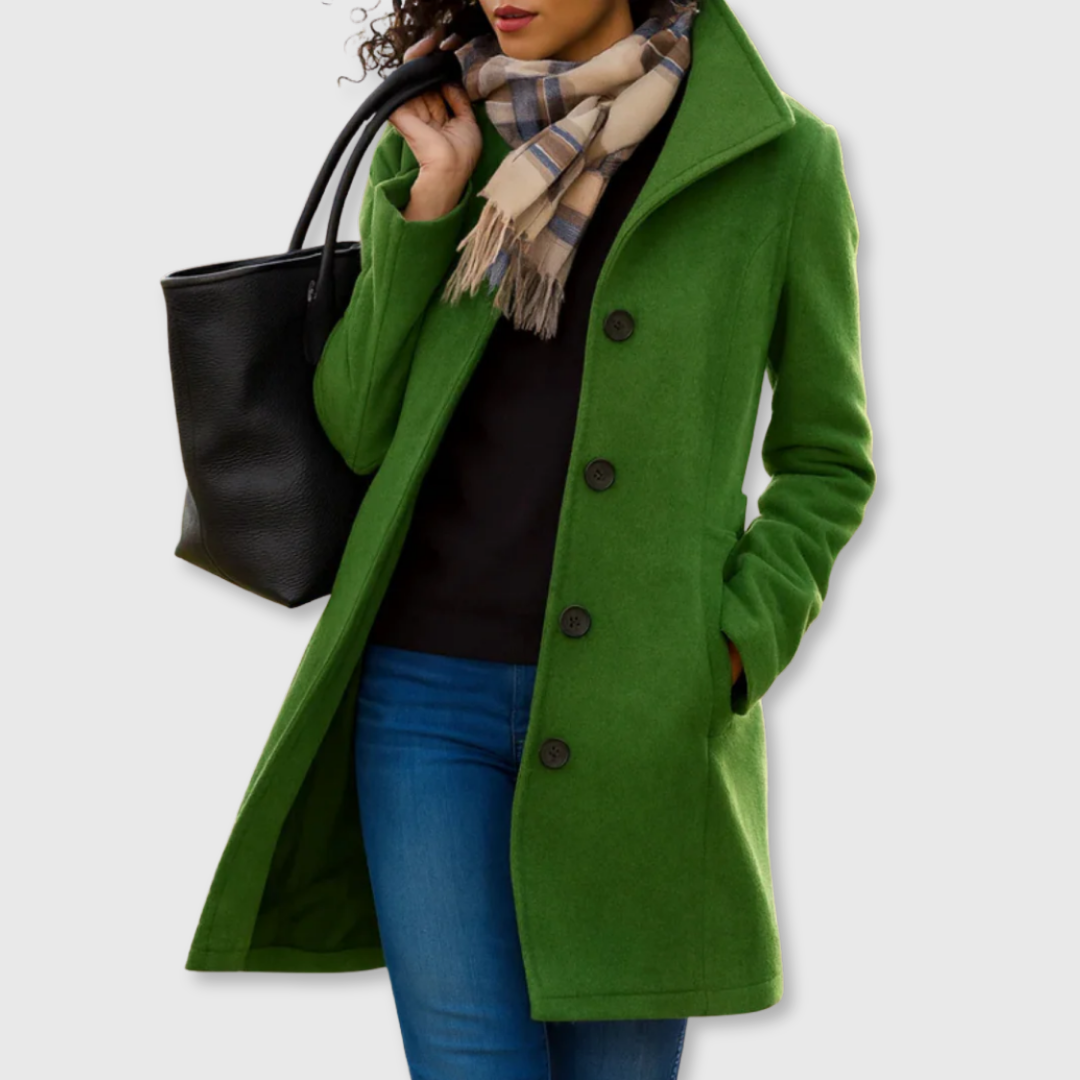 Women's classic button front coat with lapel collar and long sleeves