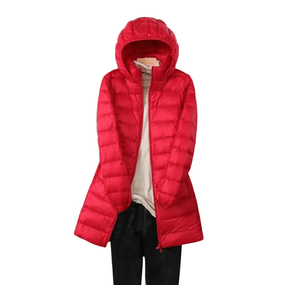 Women's longline hooded quilted puffer coat with zip front