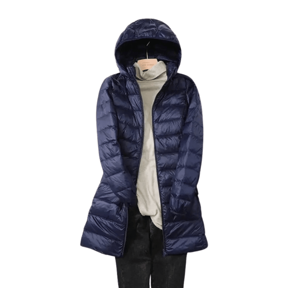 Women's longline hooded quilted puffer coat with zip front