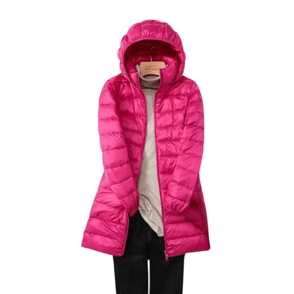 Women's longline hooded quilted puffer coat with zip front