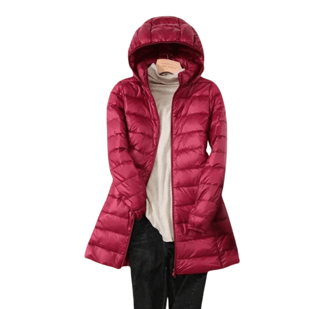 Women's longline hooded quilted puffer coat with zip front