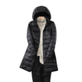 Women's longline hooded quilted puffer coat with zip front