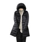 Women's longline hooded quilted puffer coat with zip front