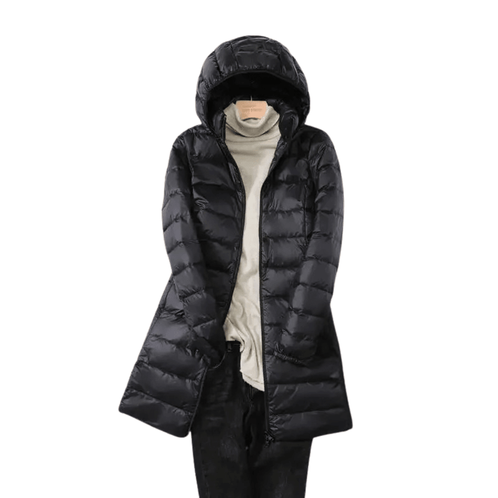 Women's longline hooded quilted puffer coat with zip front