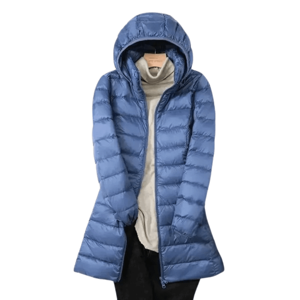 Women's longline hooded quilted puffer coat with zip front