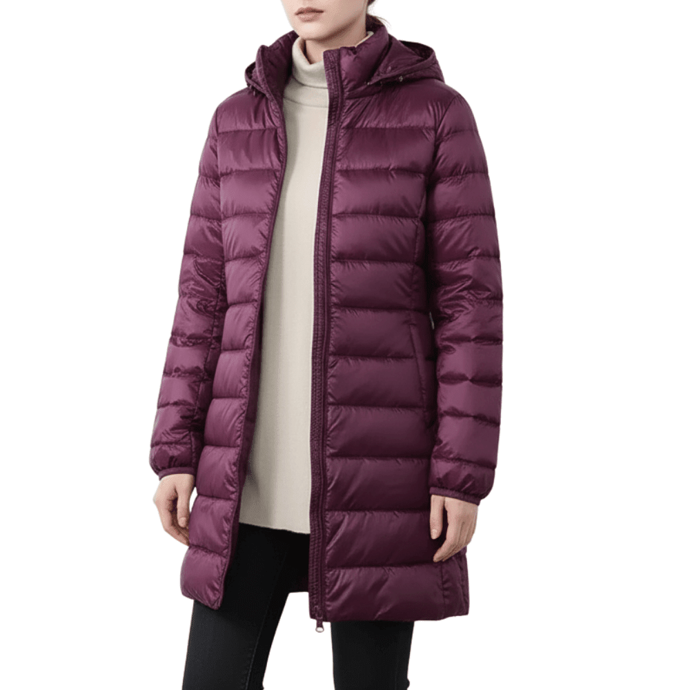 Women's longline hooded quilted puffer coat with zip front