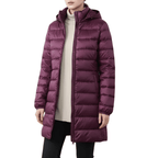 Women's longline hooded quilted puffer coat with zip front
