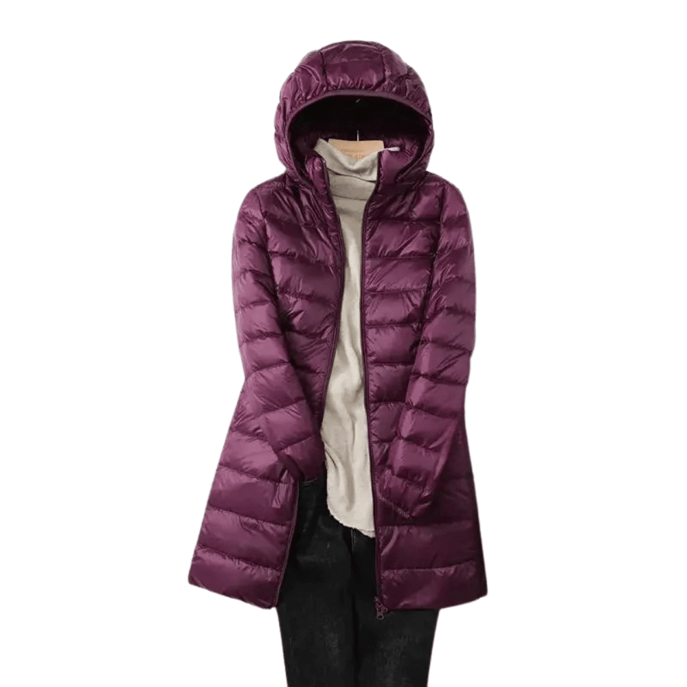 Women's longline hooded quilted puffer coat with zip front