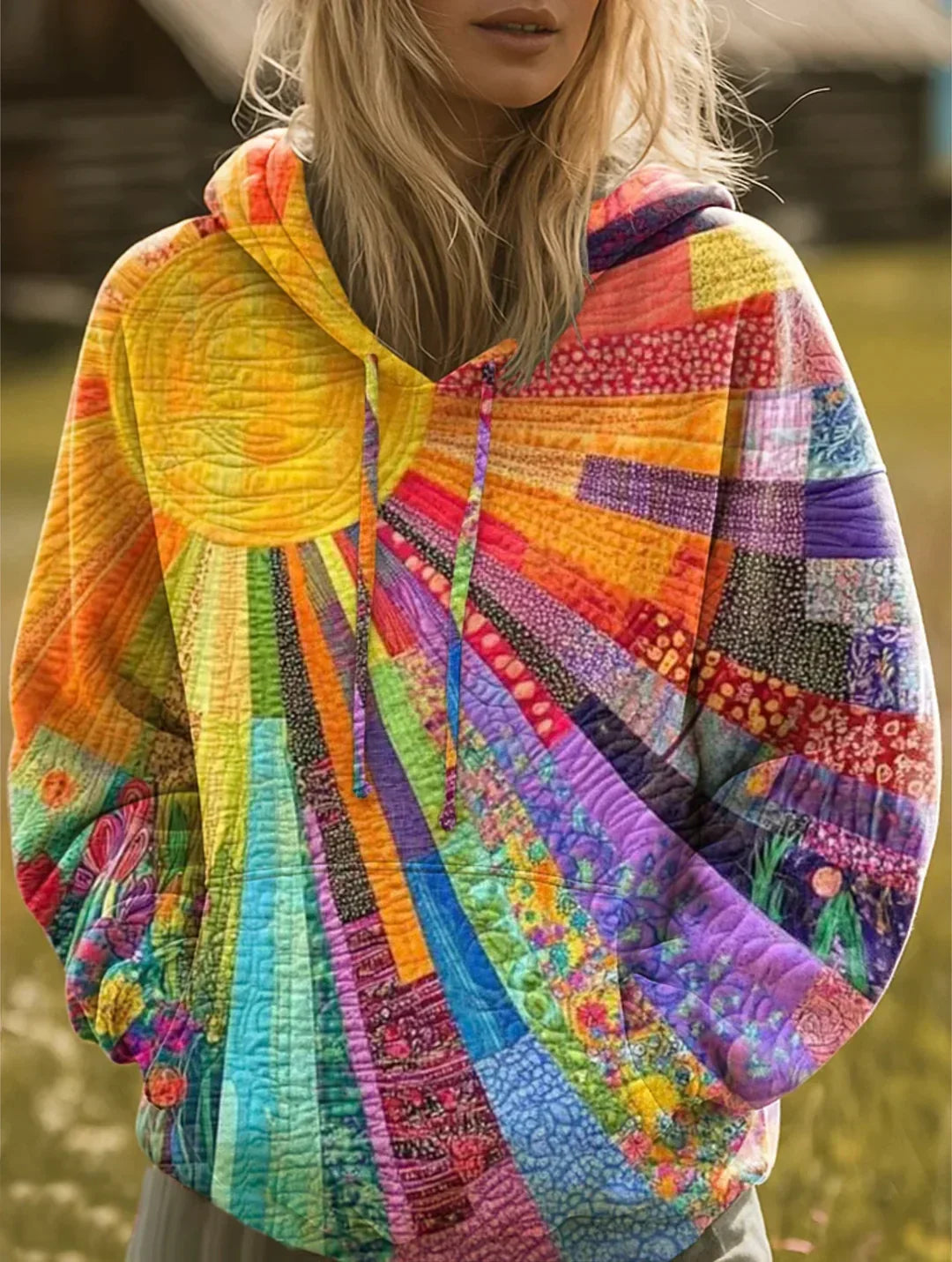 Women's multicoloured quilted patchwork hoodie with hood and long sleeves