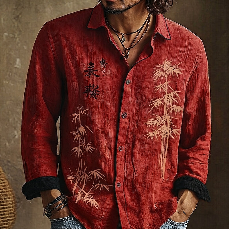 Men's long-sleeved shirt with bamboo and calligraphy print, contrast trim and button front
