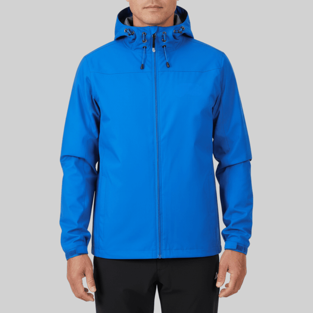Men's hooded shell jacket with front zip, long sleeves and adjustable drawcords