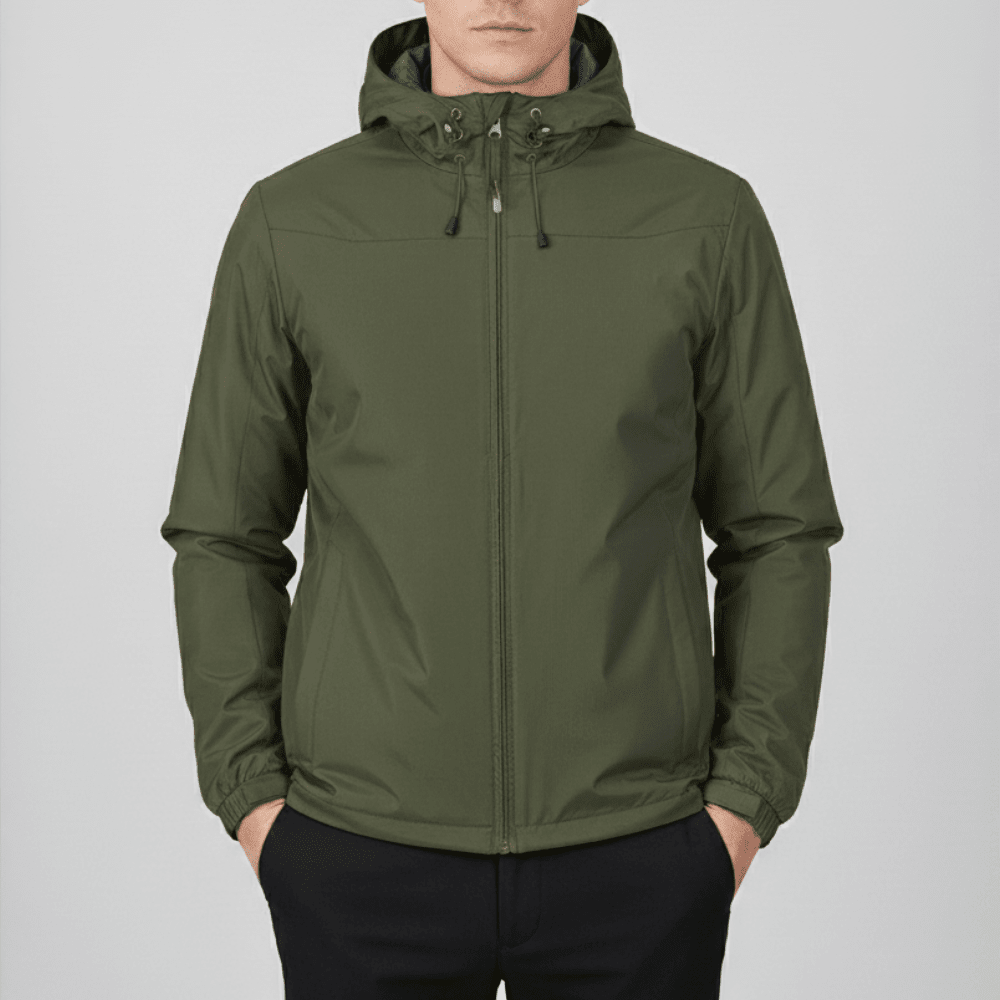 Men's hooded shell jacket with front zip, long sleeves and adjustable drawcords