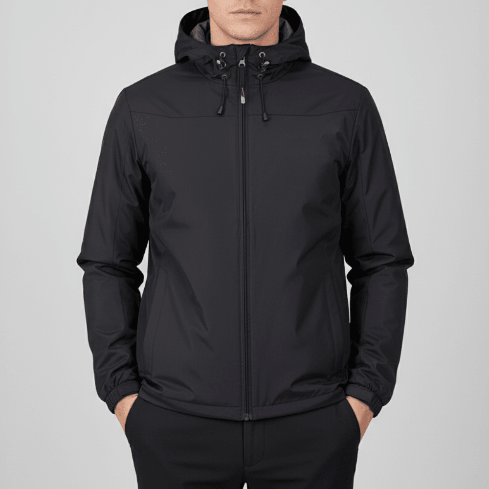 Men's hooded shell jacket with front zip, long sleeves and adjustable drawcords