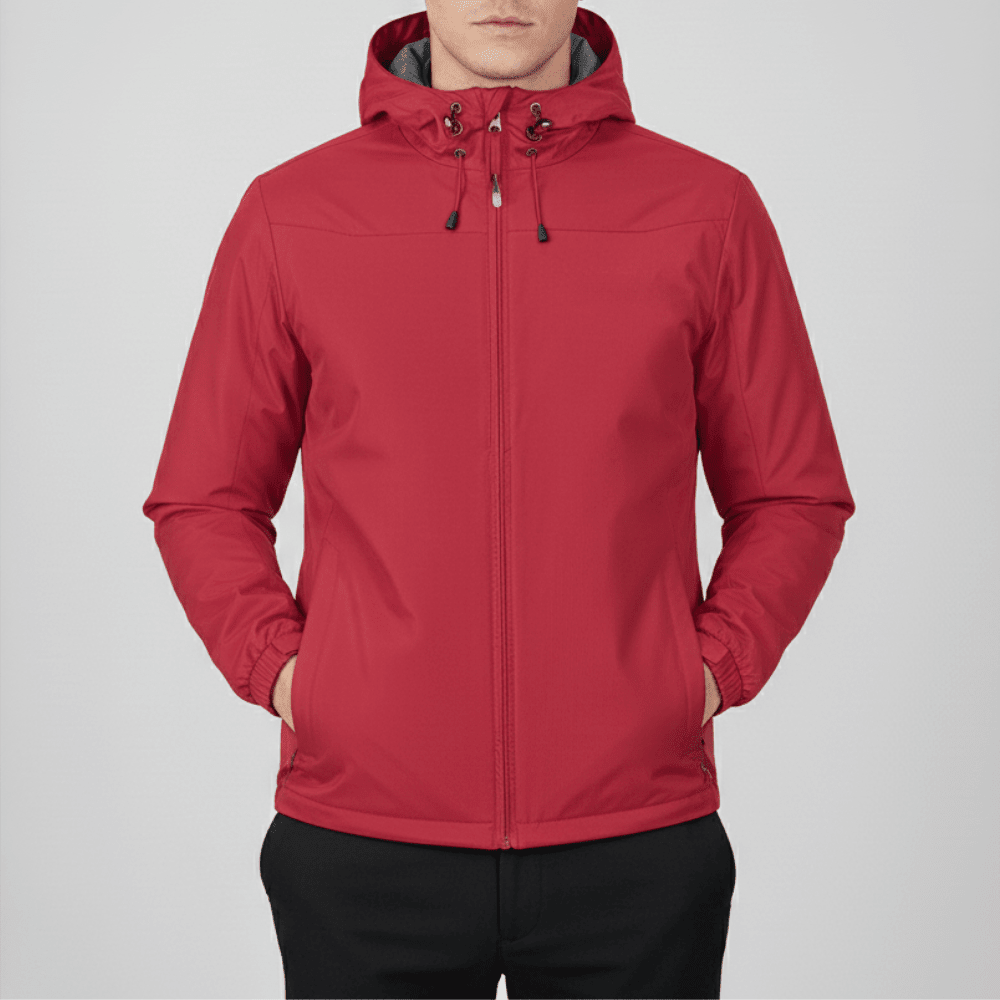 Men's hooded shell jacket with front zip, long sleeves and adjustable drawcords