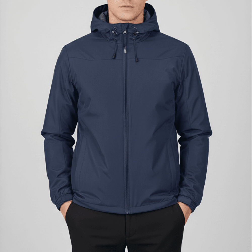 Men's hooded shell jacket with front zip, long sleeves and adjustable drawcords