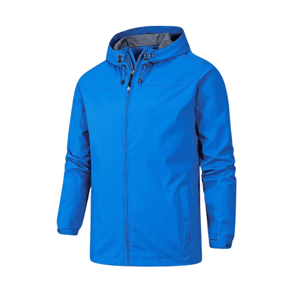 Men's hooded shell jacket with front zip, long sleeves and adjustable drawcords