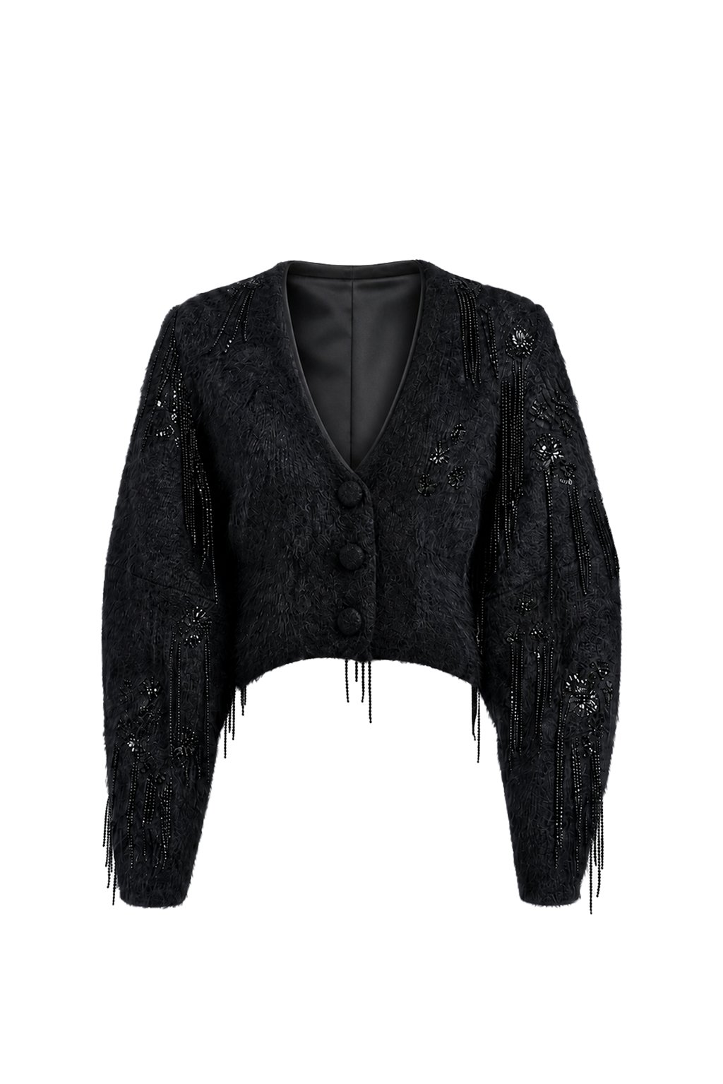 Women's black cropped blazer with V-neckline, long sleeves, embellishment and fringe trims
