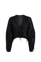 Women's black cropped blazer with V-neckline, long sleeves, embellishment and fringe trims