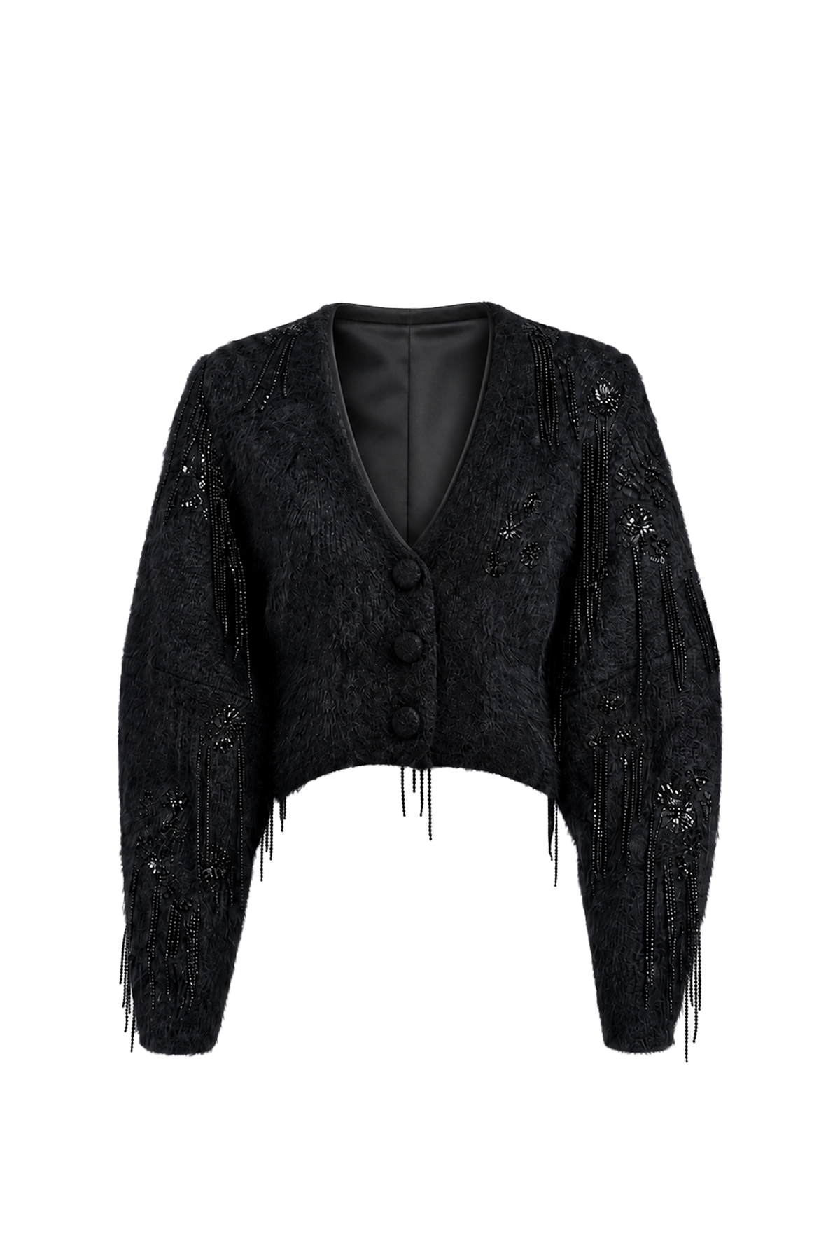 Women's black cropped blazer with V-neckline, long sleeves, embellishment and fringe trims